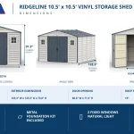 RidgeLine 10.5 x 10.5 dimensions graphic showing exterior size, interior height, interior size, door opening and roof pitch