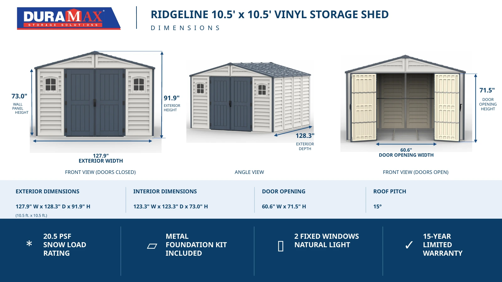 RidgeLine 10.5 x 10.5 dimensions graphic showing exterior size, interior height, interior size, door opening and roof pitch