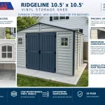 RidgeLine 10.5 x 10.5 feature infographic highlighting wide double doors, two fixed windows, spacious footprint, reinforced construction, foundation kit and ventilation