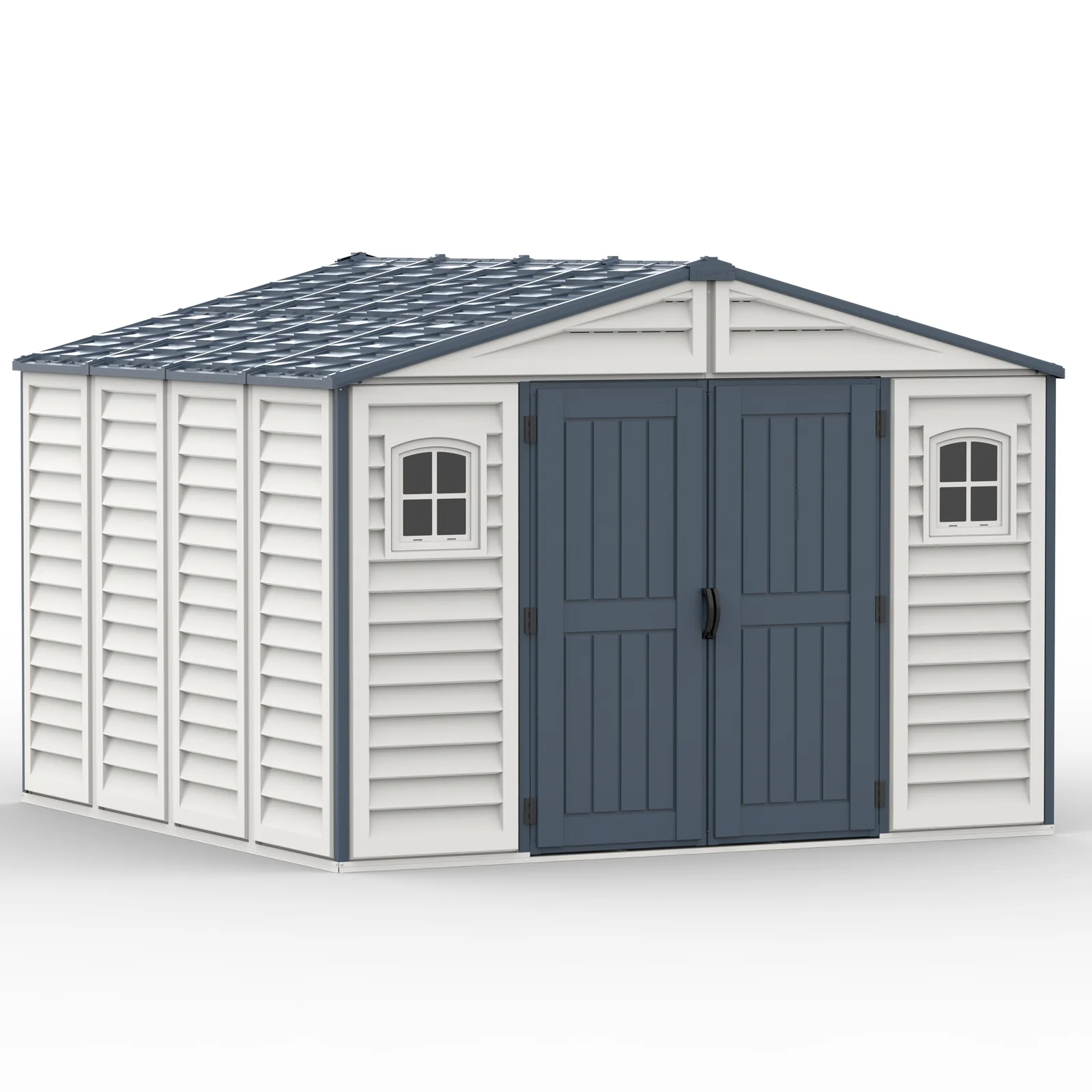Duramax RidgeLine 10.5 x 10.5 vinyl storage shed shown from the opposite front angle with closed double doors
