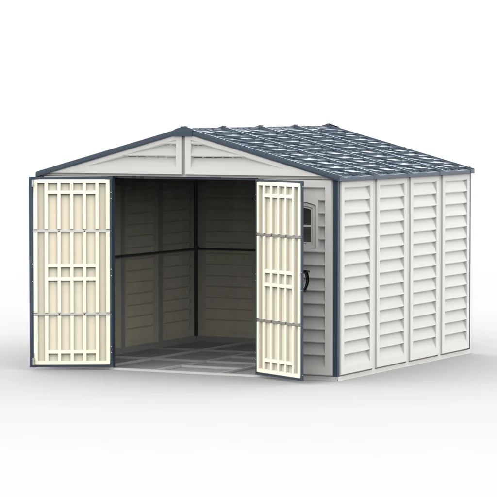 Duramax RidgeLine 10.5 x 10.5 shed shown at an angle with both double doors open