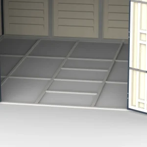 Close-up of the RidgeLine 10.5 x 10.5 shed interior showing the included metal foundation frame