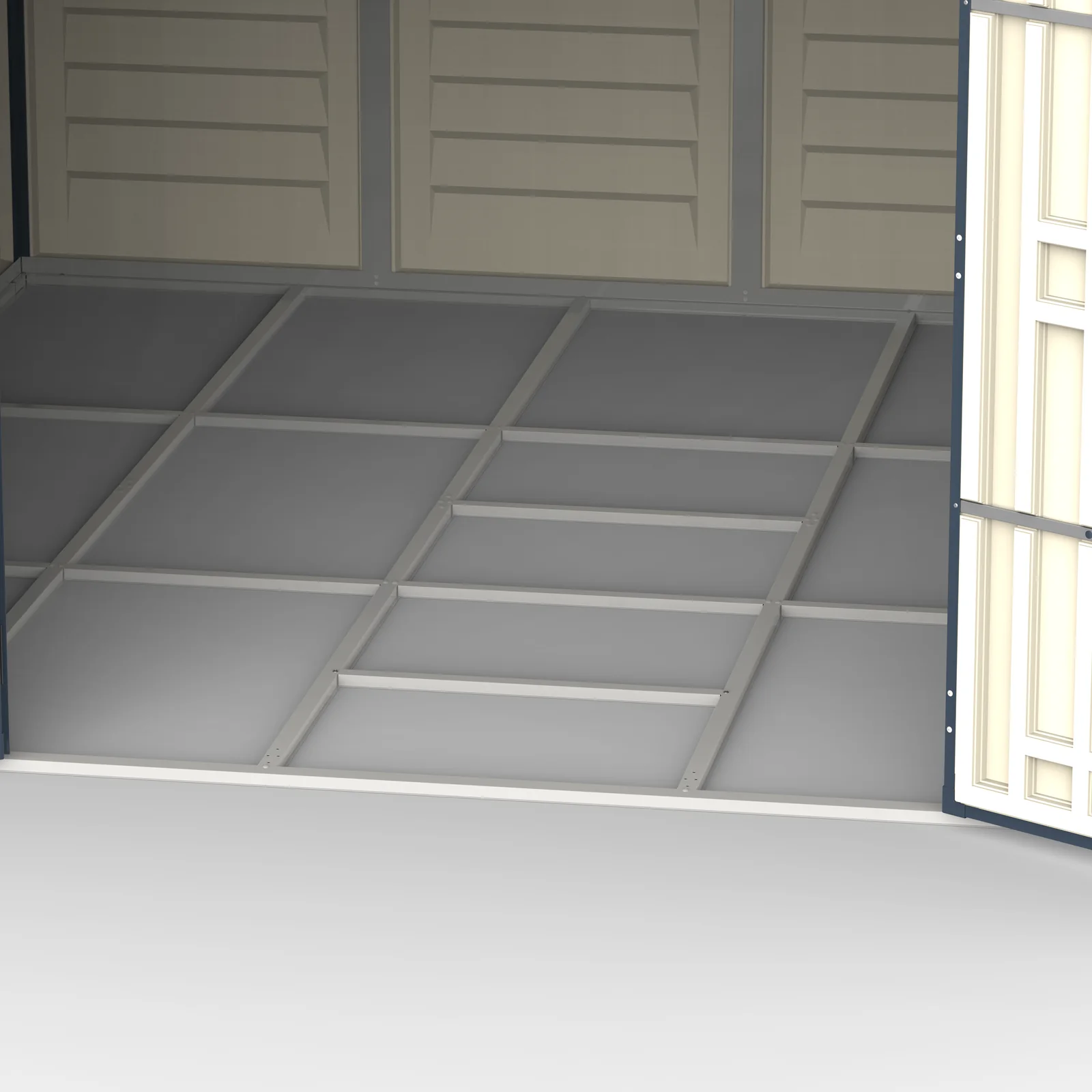Close-up of the RidgeLine 10.5 x 10.5 shed interior showing the included metal foundation frame