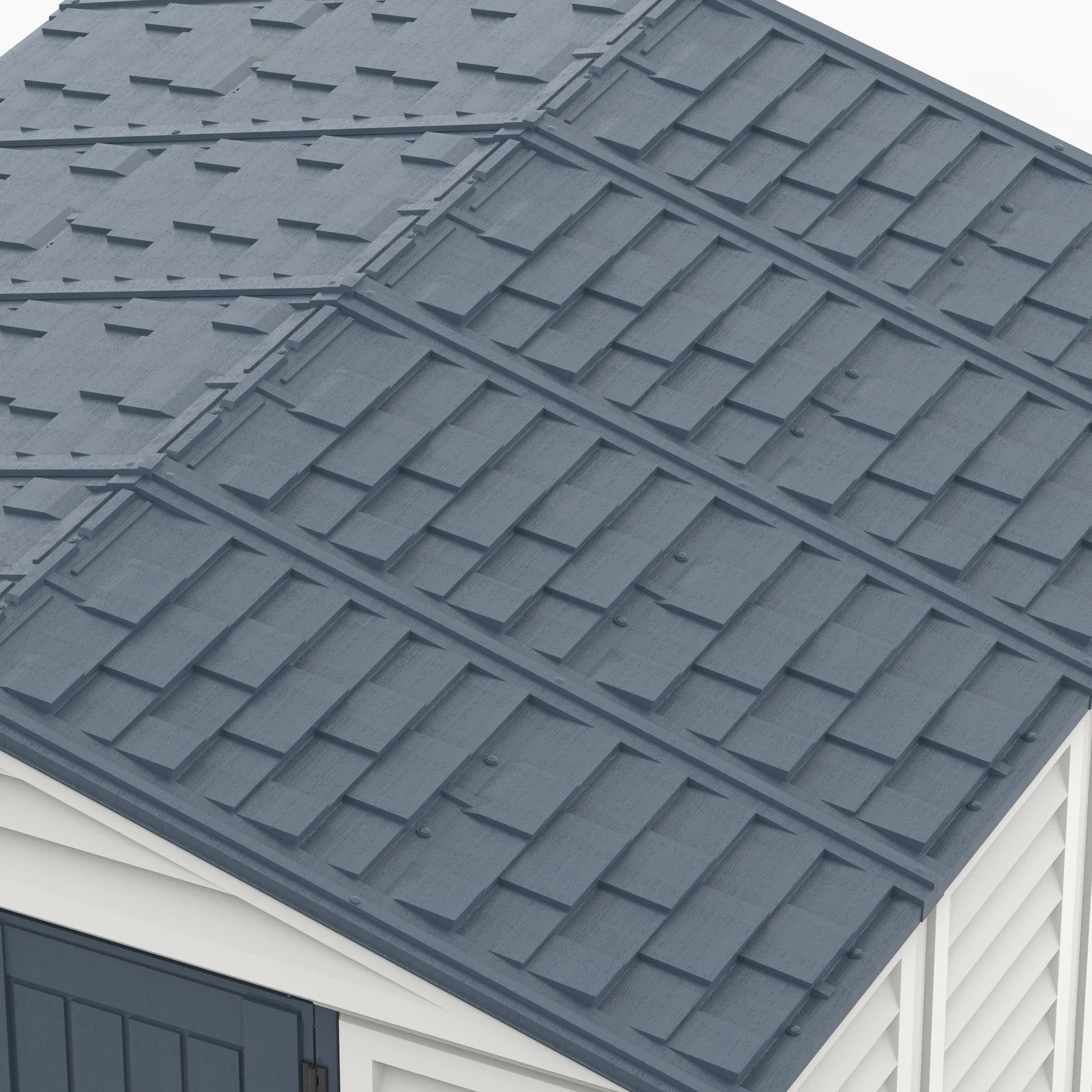 Close-up of the Duramax RidgeLine Dark Grey shingle-style roof panels and trim
