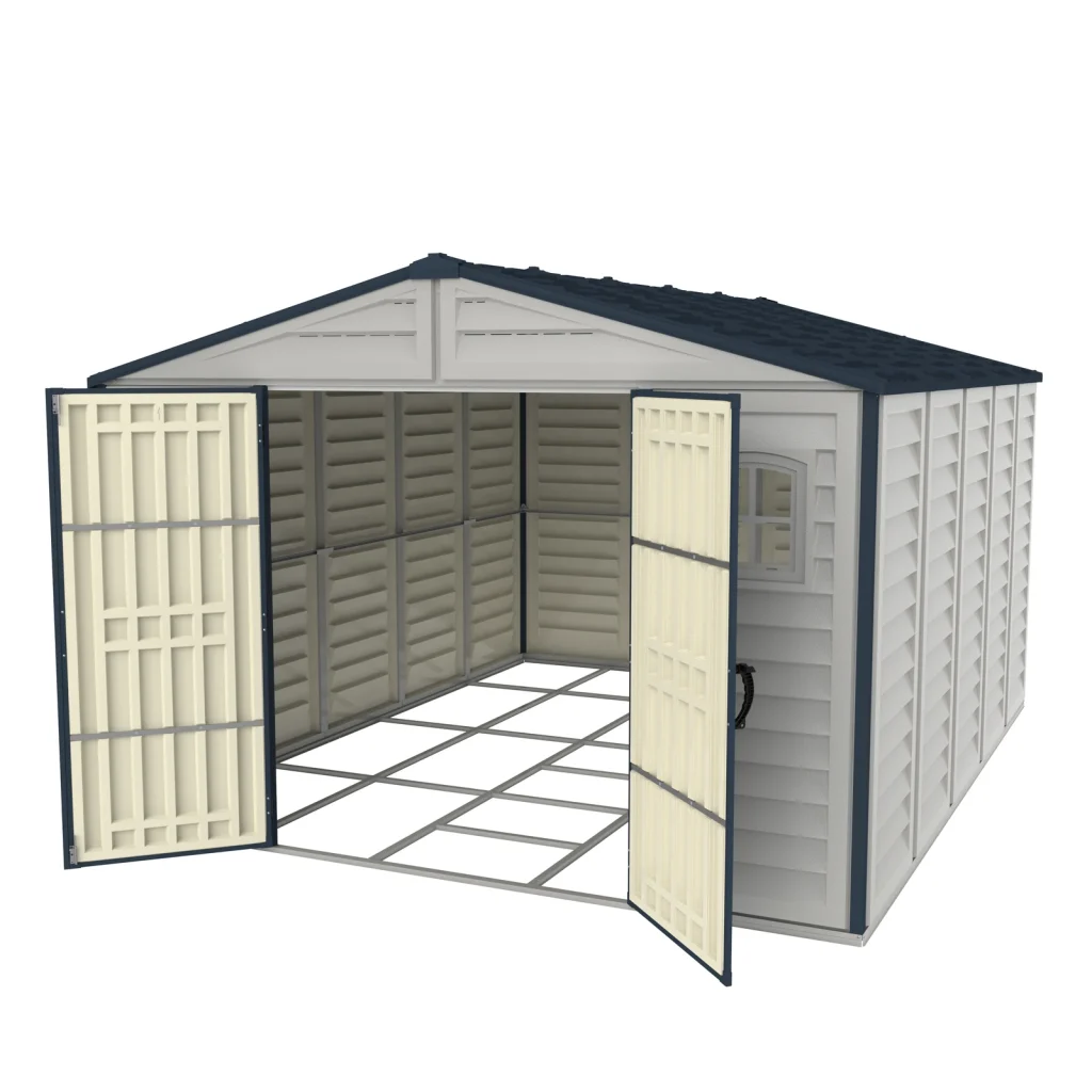 Duramax RidgeLine 10.5 x 13 vinyl storage shed with both double doors open