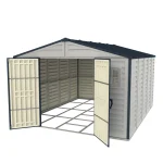Duramax RidgeLine 10.5 x 13 vinyl storage shed with both double doors open