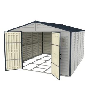 Duramax RidgeLine 10.5 x 13 vinyl storage shed with both double doors open