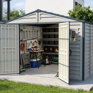 Duramax RidgeLine 10.5 x 13 vinyl storage shed beside a modern home with the double doors open and organized gear inside