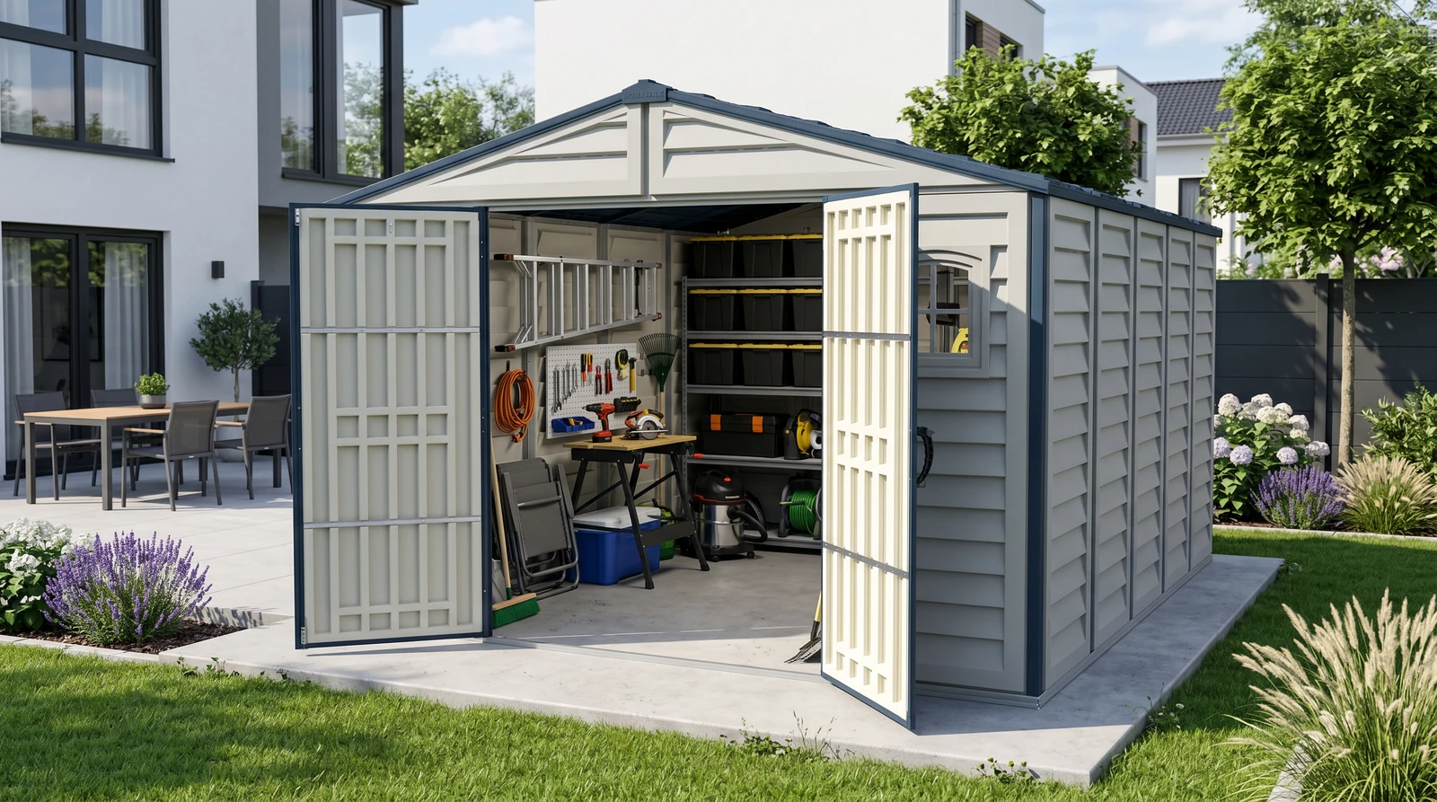 Duramax RidgeLine 10.5 x 13 vinyl storage shed beside a modern home with the double doors open and organized gear inside