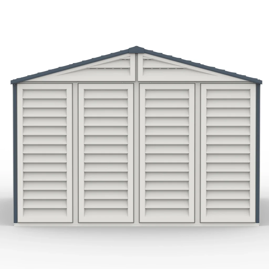 Straight rear view of the Duramax RidgeLine 10.5 x 13 vinyl storage shed showing the full rear wall and pitched roof