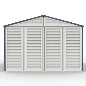 Straight rear view of the Duramax RidgeLine 10.5 x 13 vinyl storage shed showing the full rear wall and pitched roof