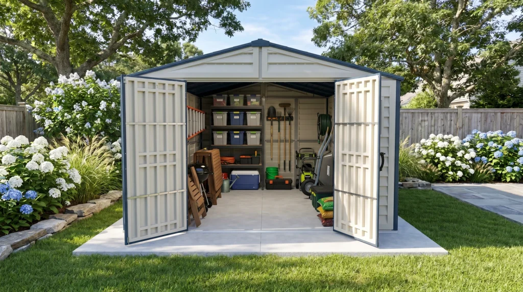 RidgeLine 10.5 x 13 shed with wide double doors open showing organized lawn and outdoor gear storage
