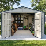 RidgeLine 10.5 x 13 shed with wide double doors open showing organized lawn and outdoor gear storage