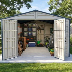 RidgeLine 10.5 x 13 shed with wide double doors open showing organized lawn and outdoor gear storage