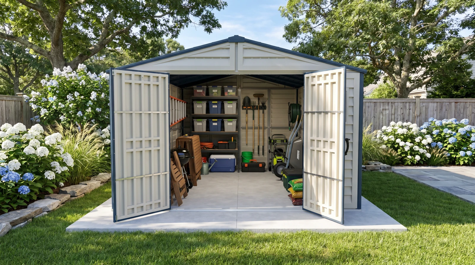 RidgeLine 10.5 x 13 shed with wide double doors open showing organized lawn and outdoor gear storage