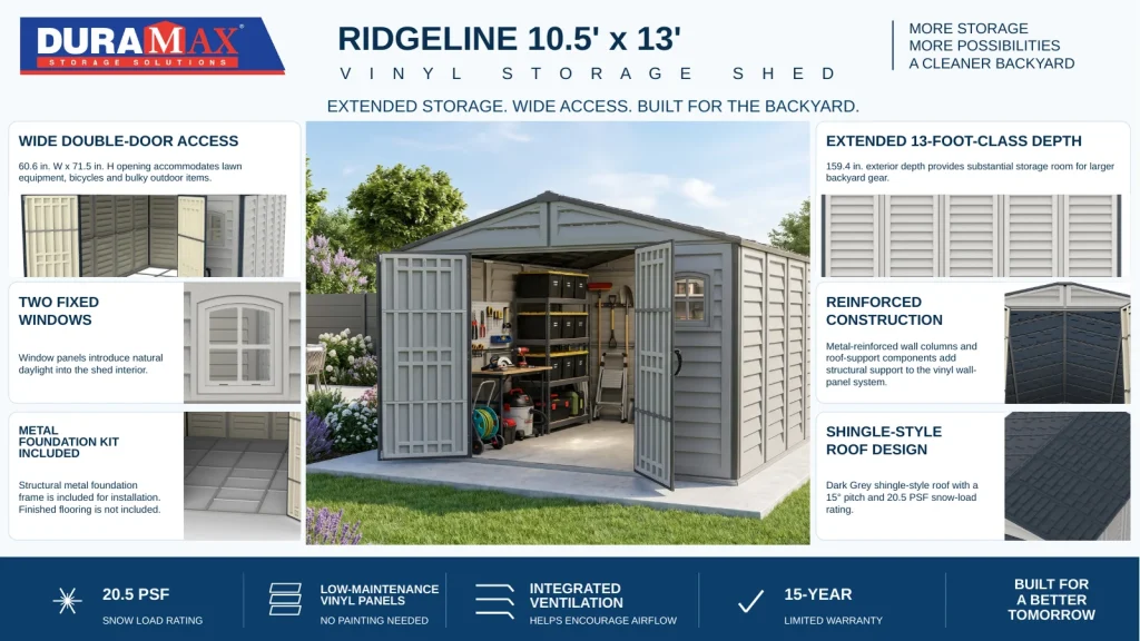 RidgeLine 10×13 Vinyl Storage Shed warranty information