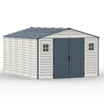 Duramax RidgeLine 10.5 x 13 vinyl storage shed shown from the opposite front angle with closed double doors