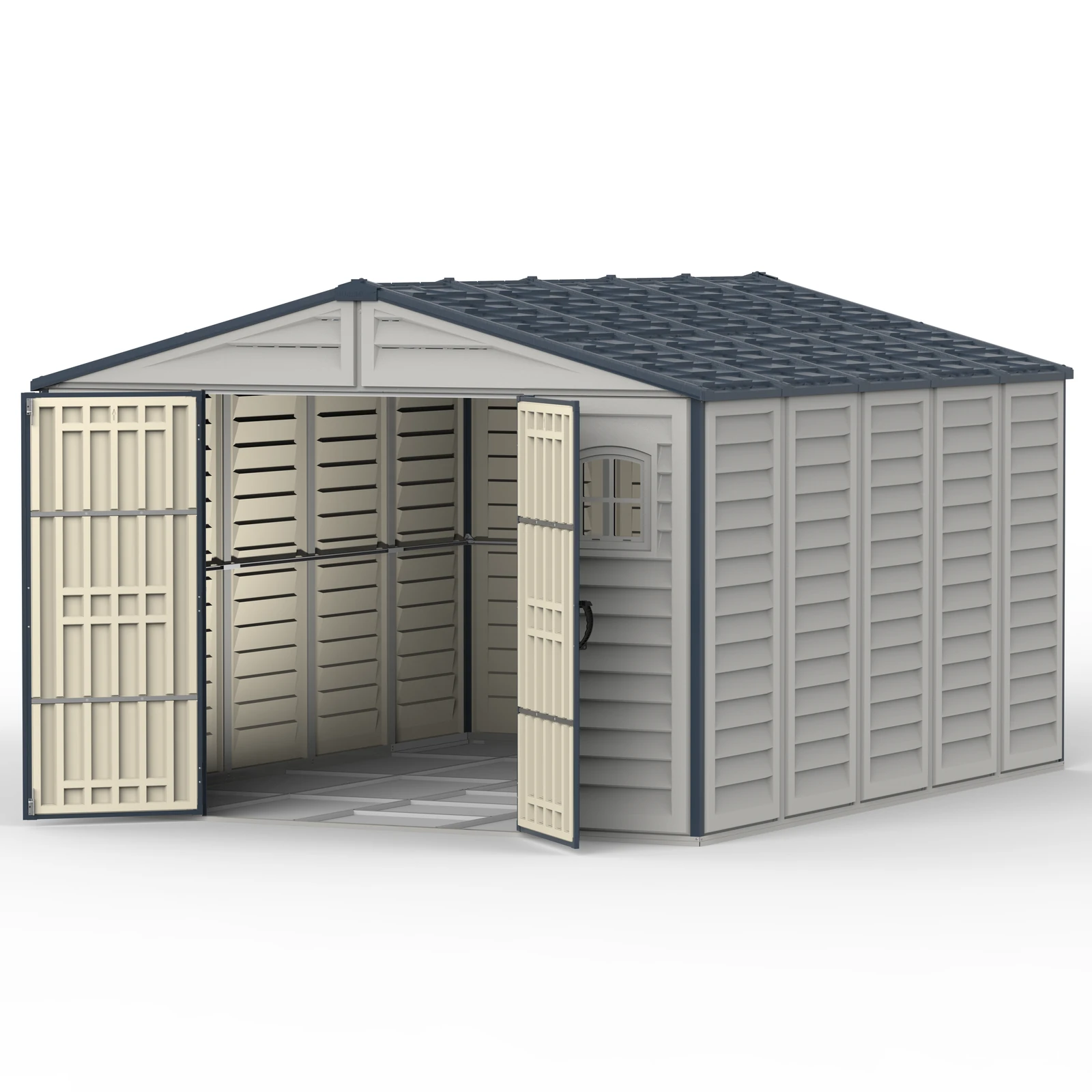 Duramax RidgeLine 10.5 x 13 shed shown at an angle with both double doors open
