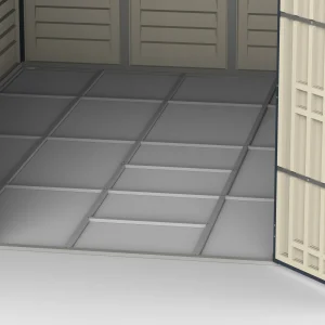 Close-up of the RidgeLine 10.5 x 13 shed interior showing the included metal foundation frame