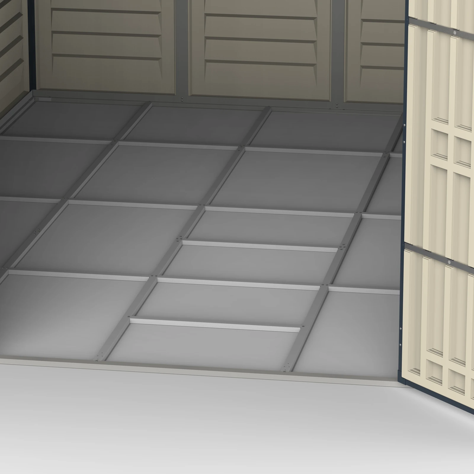 Close-up of the RidgeLine 10.5 x 13 shed interior showing the included metal foundation frame