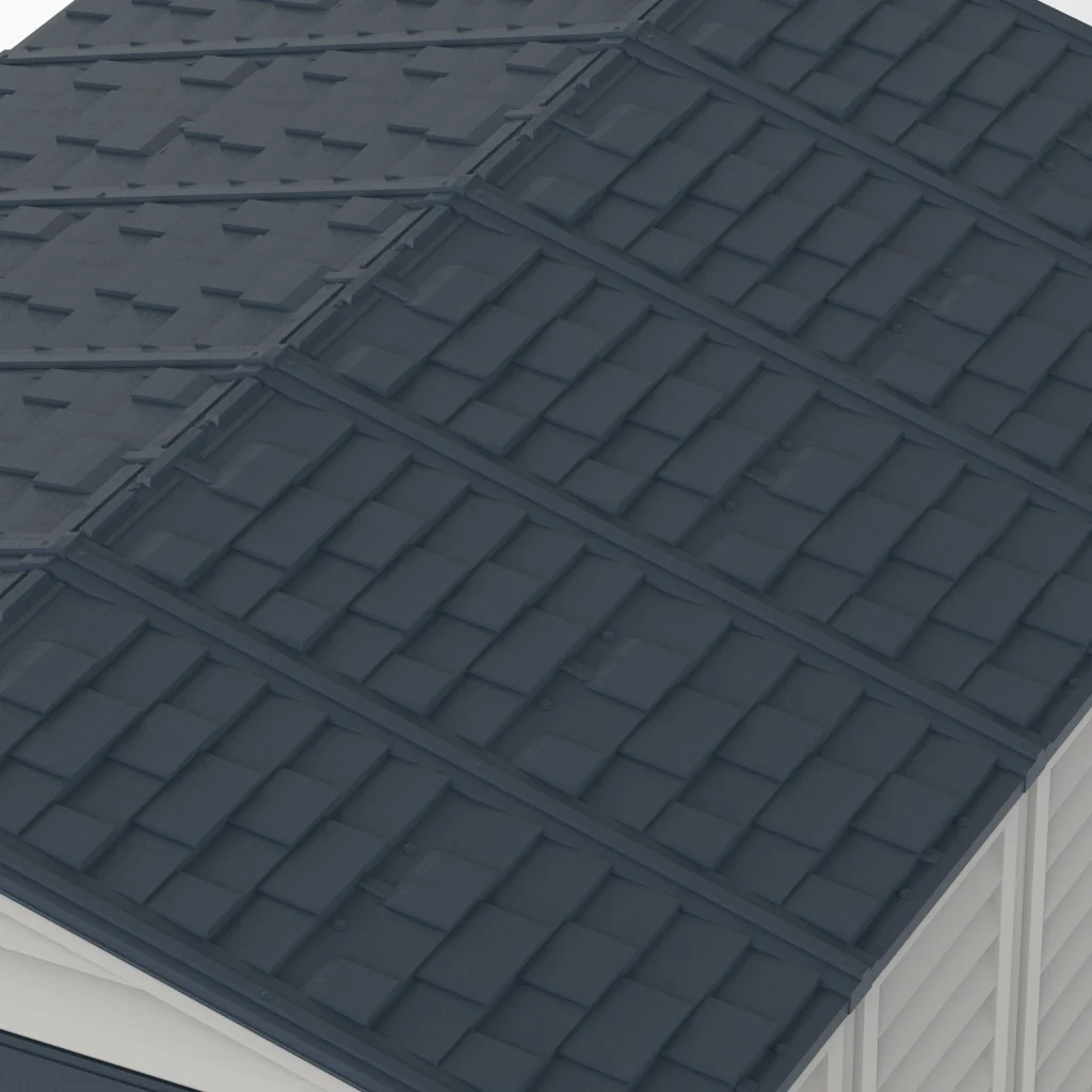 Close-up of the Duramax RidgeLine Dark Grey shingle-style roof panels and trim