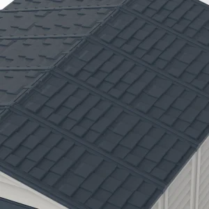 Close-up of the Duramax RidgeLine Dark Grey shingle-style roof panels and trim