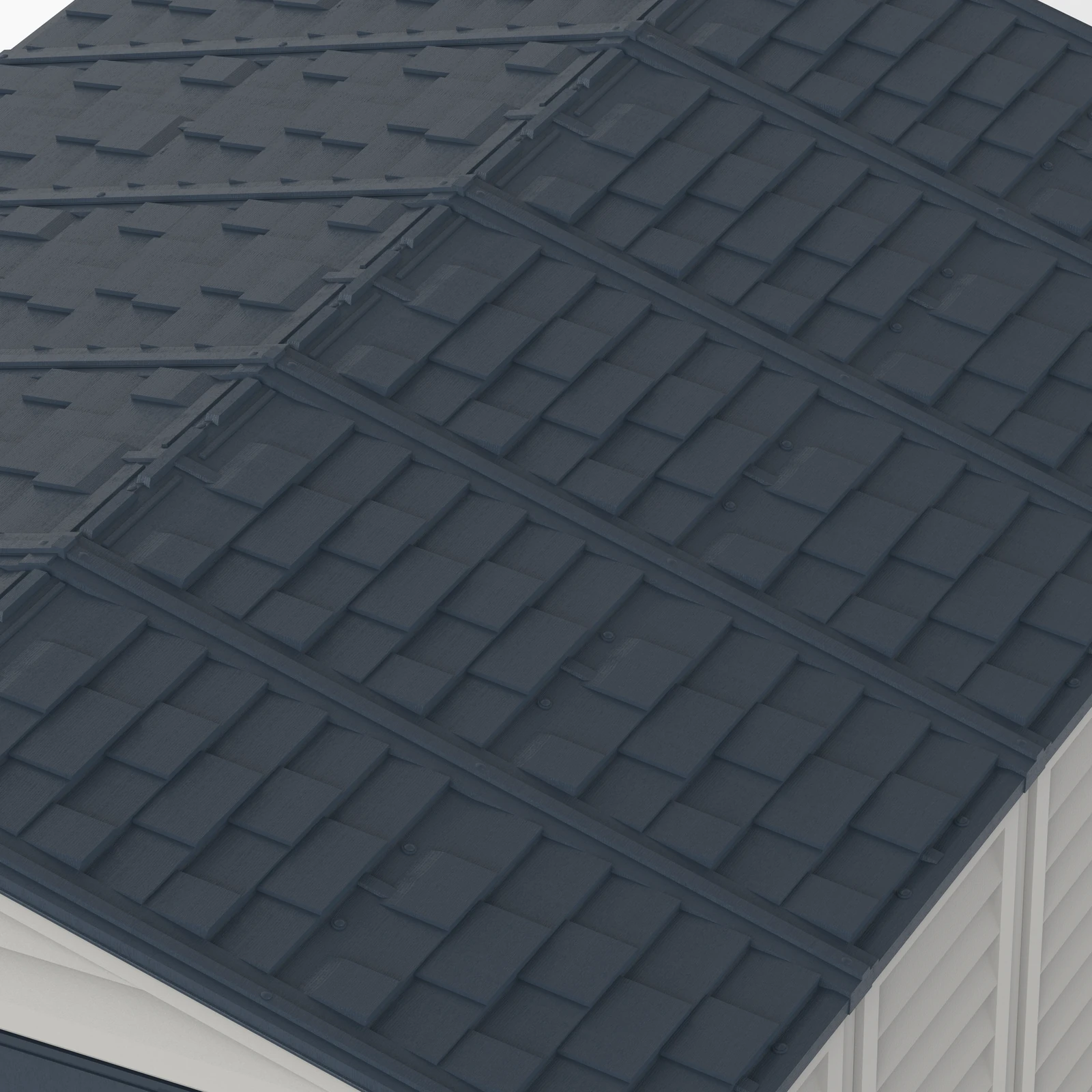 Close-up of the Duramax RidgeLine Dark Grey shingle-style roof panels and trim