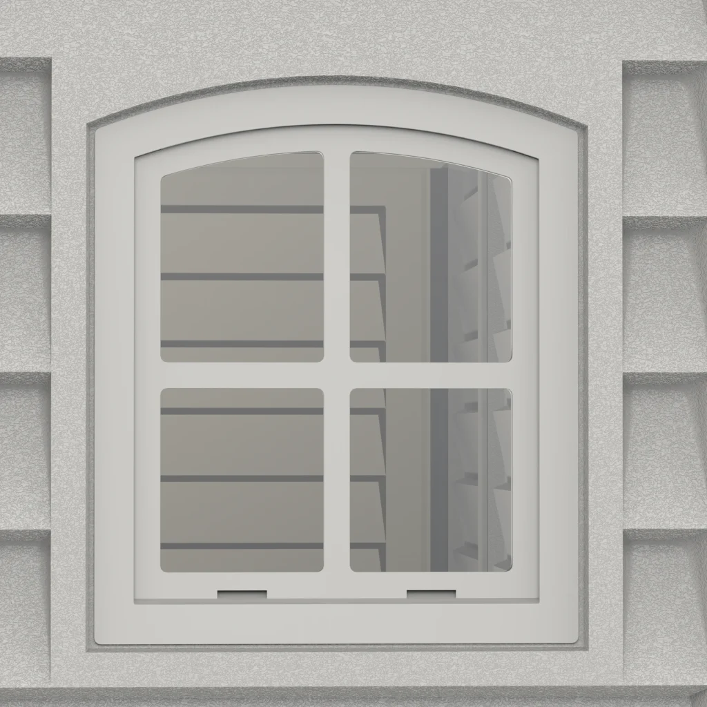 Close-up of one fixed window on the Duramax RidgeLine 10.5 x 13 vinyl storage shed