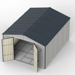 Elevated view of the Duramax RidgeLine 10.5 x 13 vinyl storage shed with double doors open showing the deep interior and roof