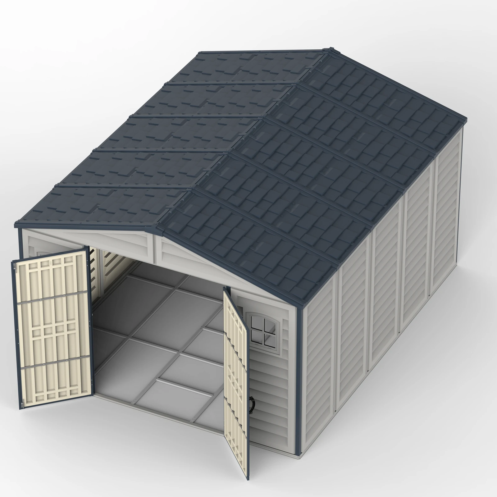 Elevated view of the Duramax RidgeLine 10.5 x 13 vinyl storage shed with double doors open showing the deep interior and roof