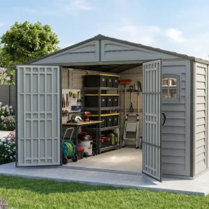 Duramax RidgeLine 10.5 x 13 vinyl storage shed with doors open in a landscaped backyard showing organized outdoor gear