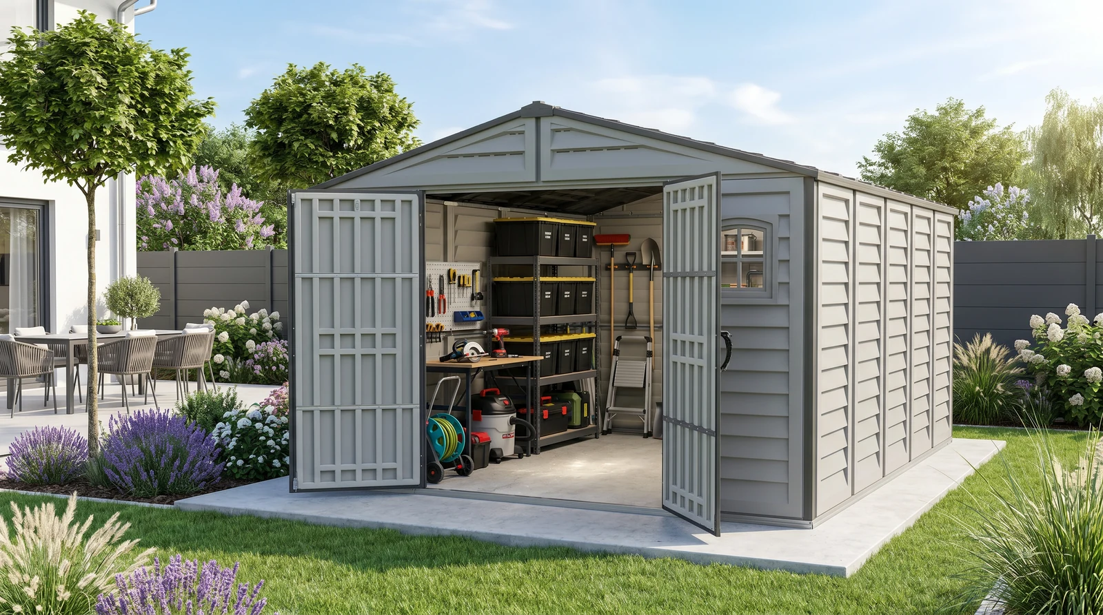 Duramax RidgeLine 10.5 x 13 vinyl storage shed with doors open in a landscaped backyard showing organized outdoor gear