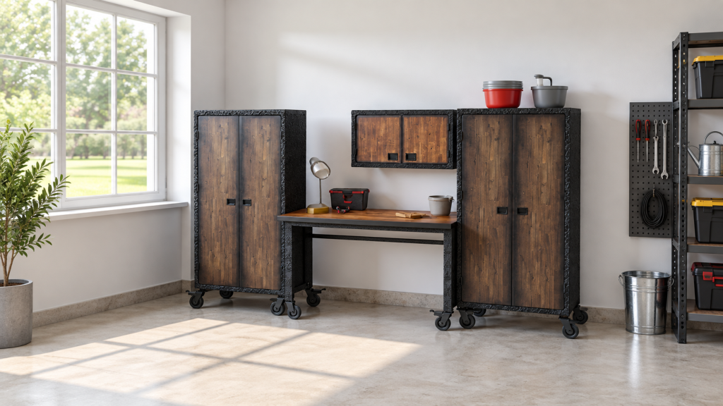 Duramax garage cabinets and wall storage in a coordinated industrial workspace