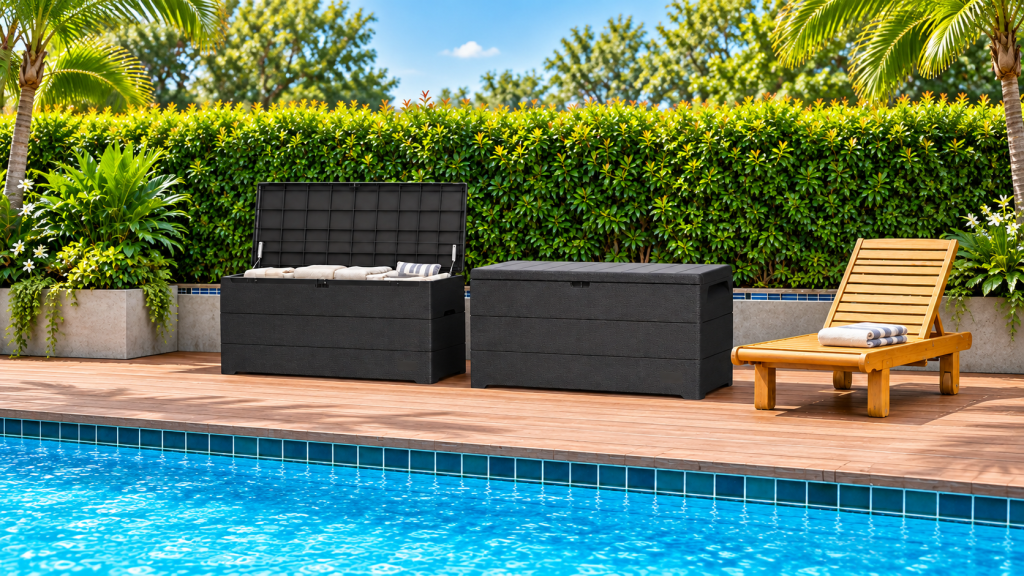 Duramax outdoor deck boxes by a pool, providing stylish weather-resistant storage for patio cushions and outdoor essentials.