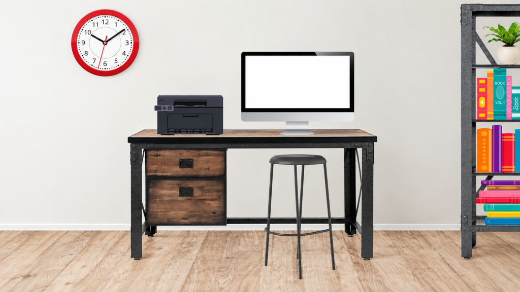 Duramax industrial wood and metal desk in a modern home office workspace