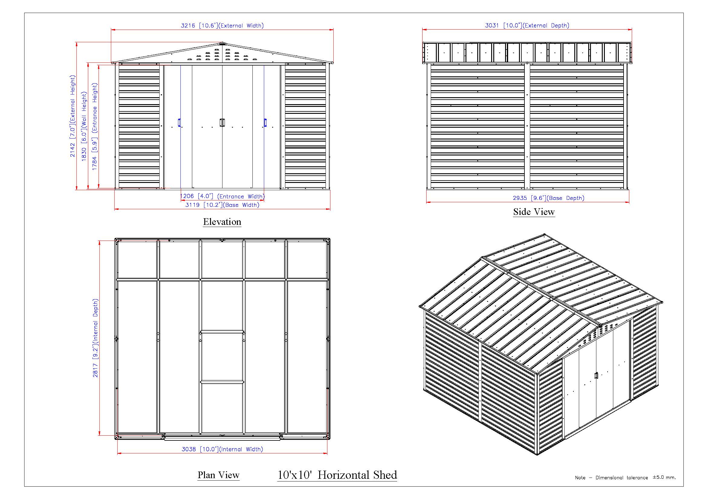 Alpine 10x10 metal storage product dimensional drawing