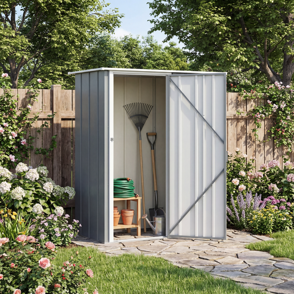 DuraMax Easy-Store 5x2 metal storage shed in current gray/blue finish - backyard lifestyle