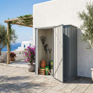 DuraMax Easy-Store 5x2 metal storage shed in current gray/blue finish - lifestyle view