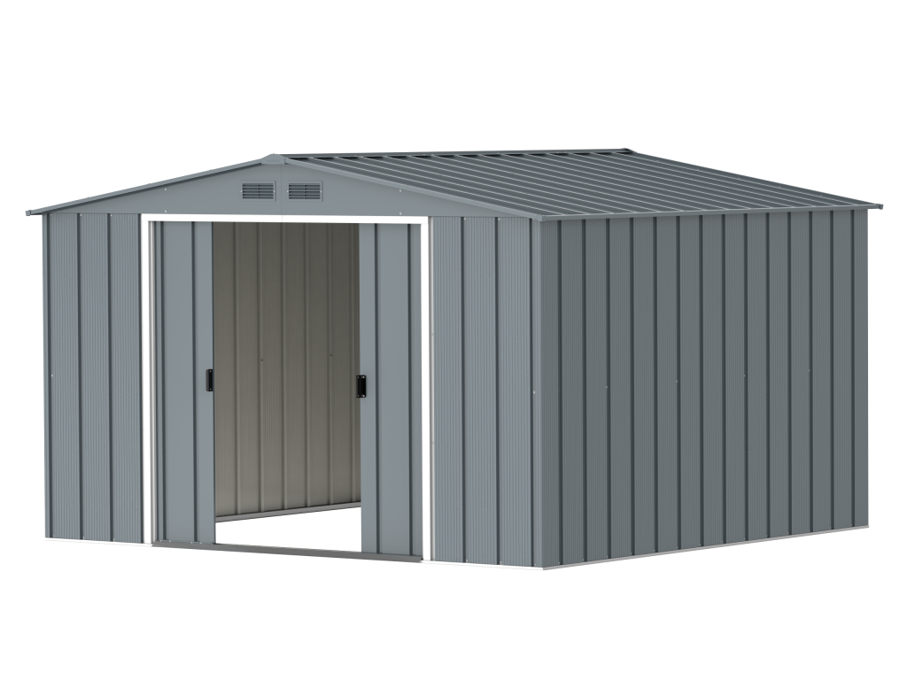 DuraMax Prime 10x10 metal storage shed in Grey Blue, angled doors open