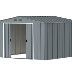 DuraMax Prime 10x10 metal storage shed in Grey Blue, angled doors open