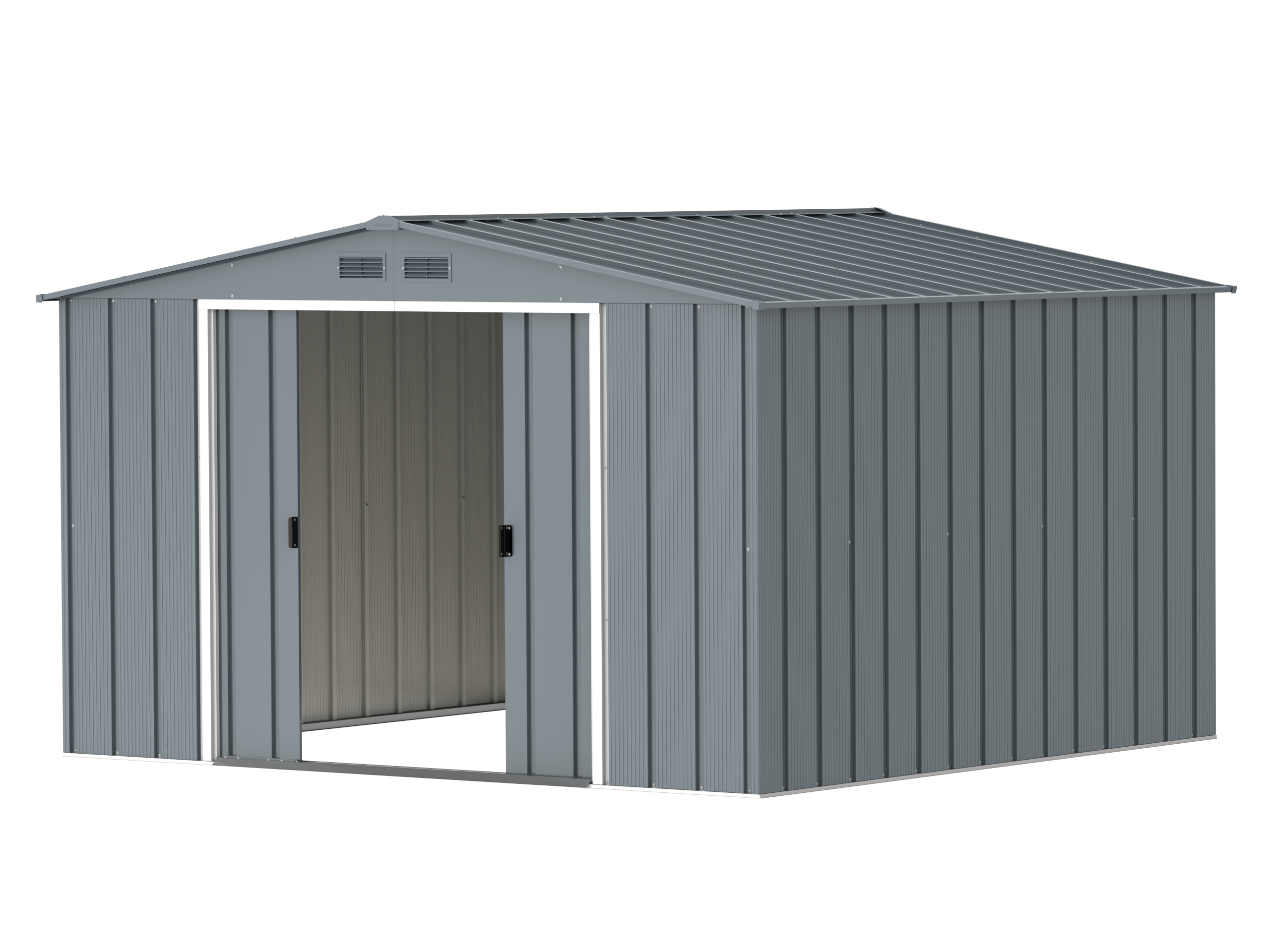 DuraMax Prime 10x10 Grey Blue metal storage shed access view