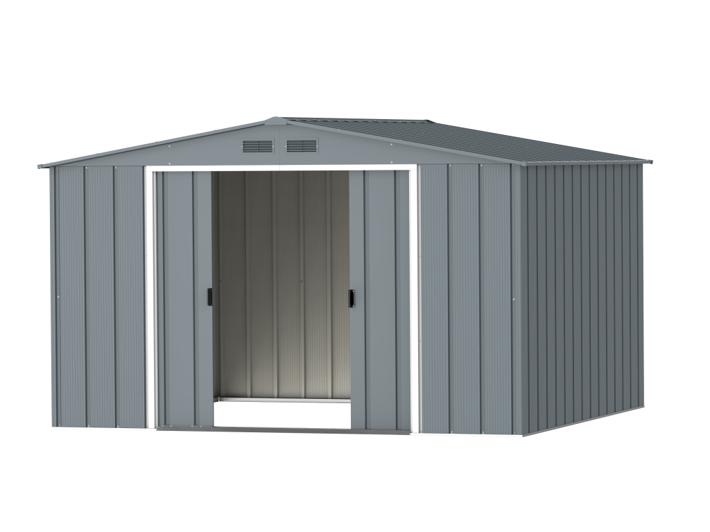 DuraMax Prime 10x10 metal storage shed in Grey Blue, front doors open