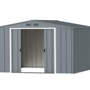 DuraMax Prime 10x10 metal storage shed in Grey Blue, front doors open
