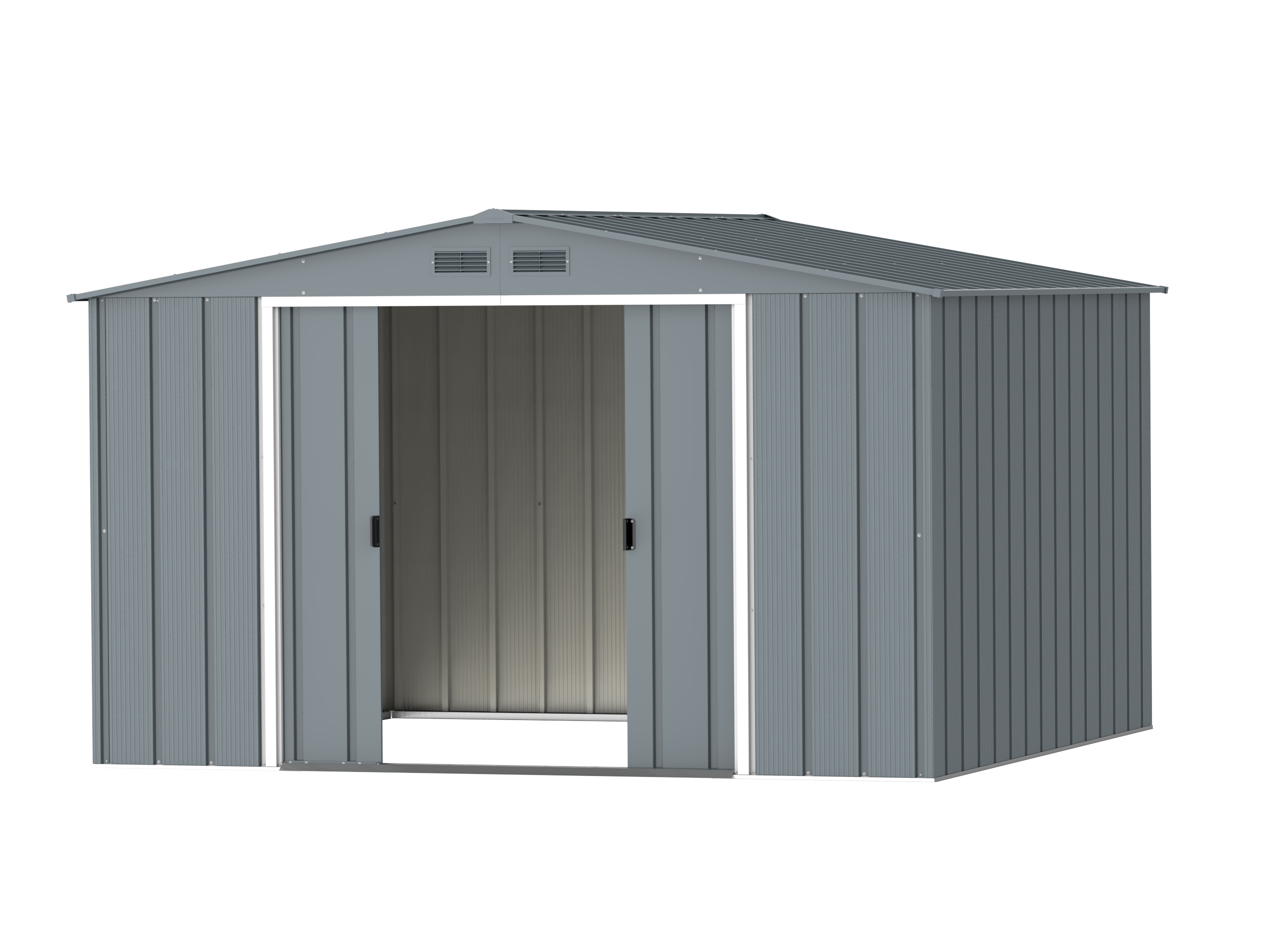 DuraMax Prime 10x10 Grey Blue metal storage shed open view