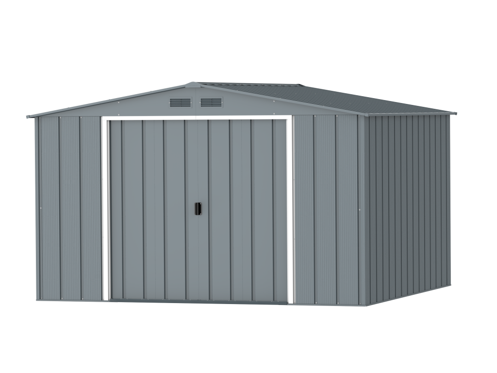 DuraMax Prime 10x10 metal storage shed in Grey Blue, front view