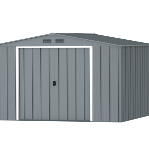 DuraMax Prime 10x10 metal storage shed in Grey Blue, front view