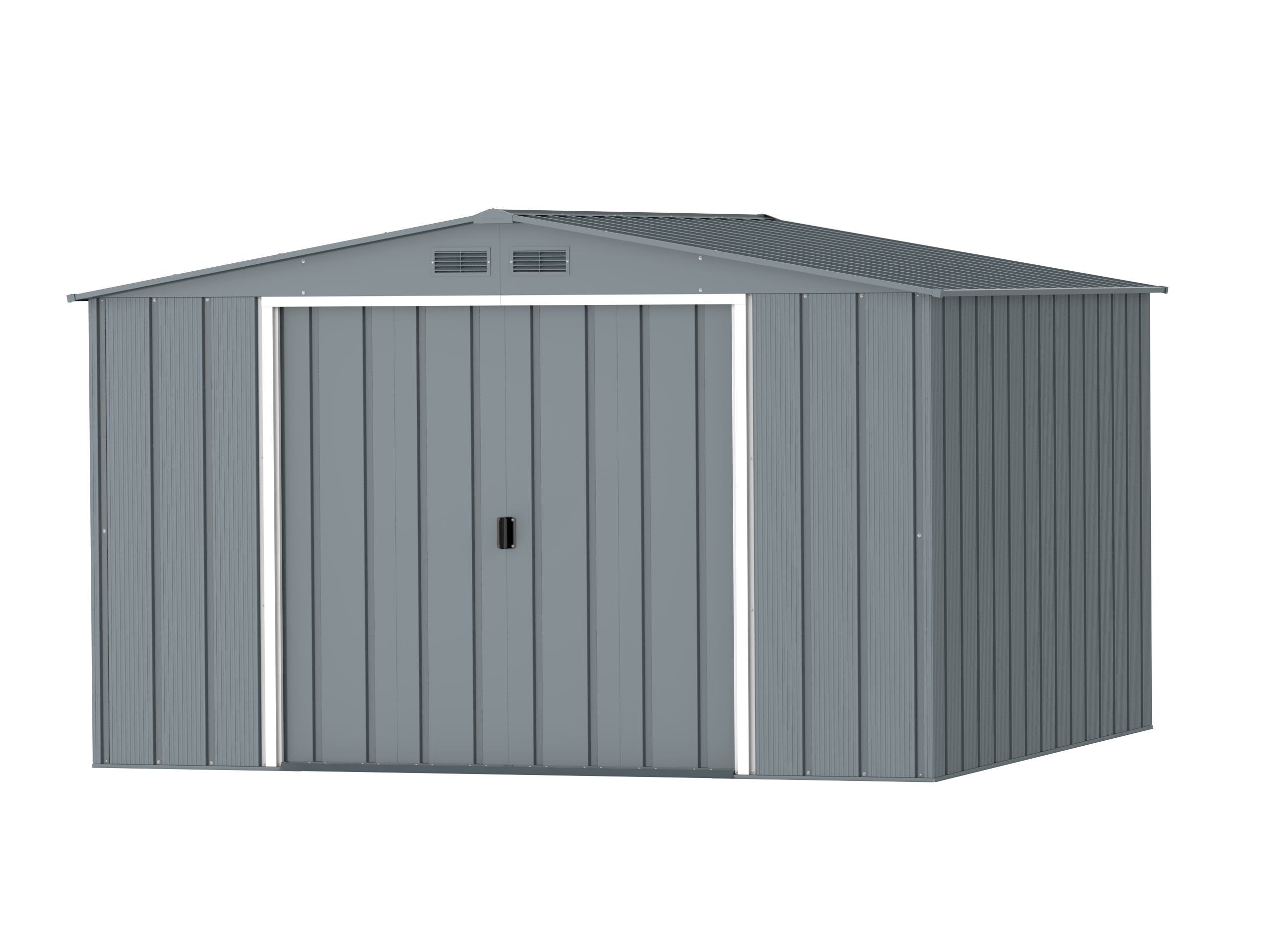 DuraMax Prime 10x10 Grey Blue metal storage shed front view