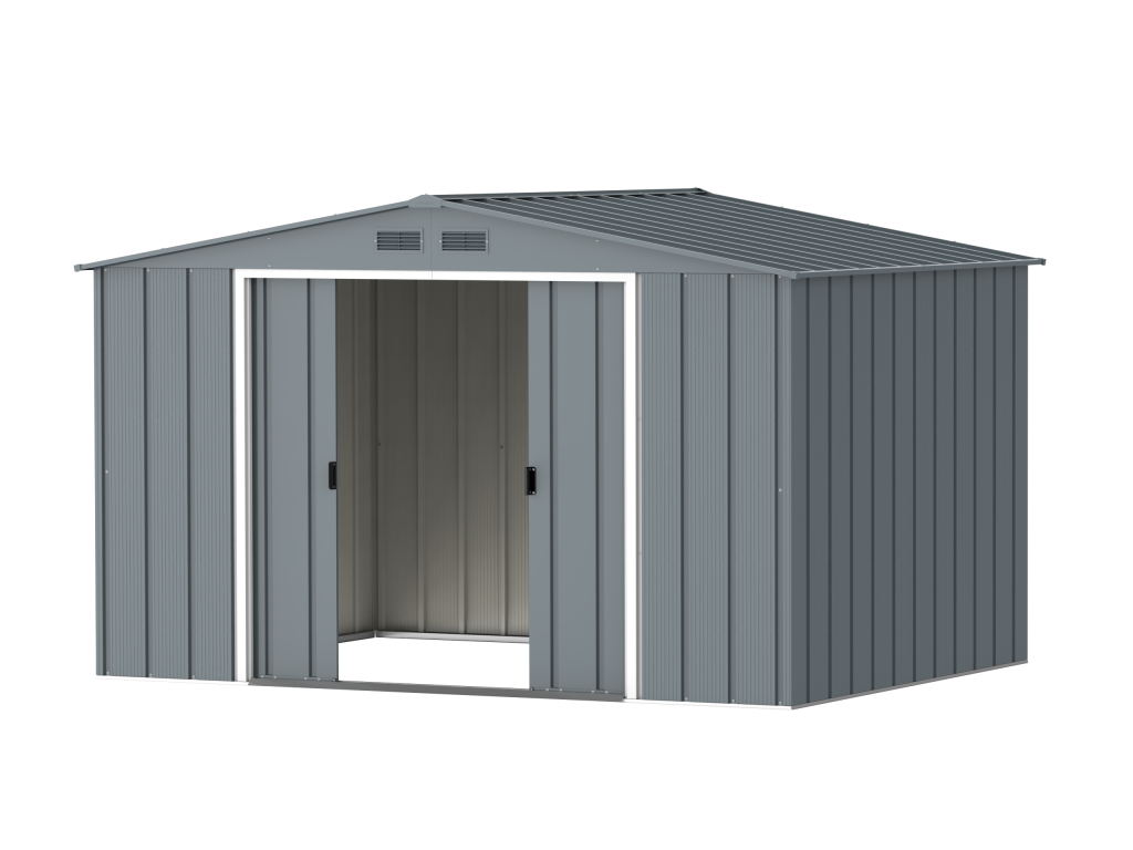 DuraMax Prime 10x8 metal storage shed in Grey Blue, angled doors open