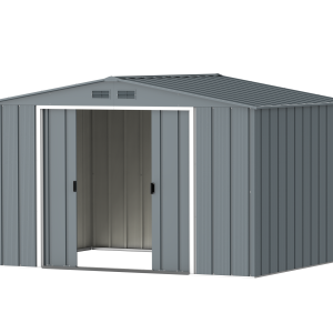 DuraMax Prime 10x8 metal storage shed in Grey Blue, angled doors open