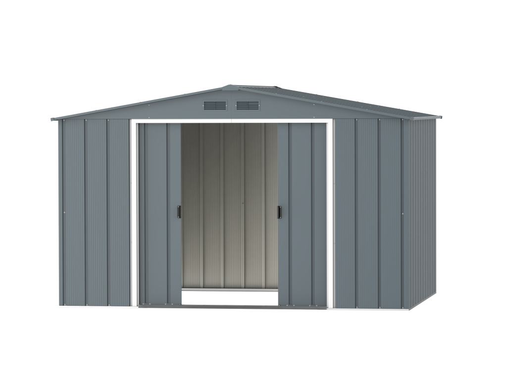 DuraMax Prime 10x8 metal storage shed in Grey Blue, front doors open